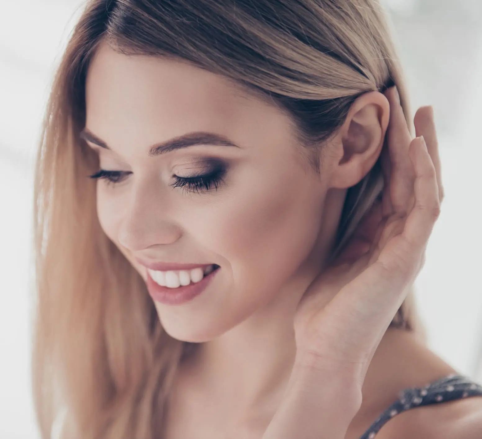 Close up portrait of successful, pretty, charming, gorgeous, cheerful, cute, modern, naked, nude, natural, positive, correcting her hair behind ear, skincare, bodycare, healthcare concept Smile Neck lift in Charleston County, SC